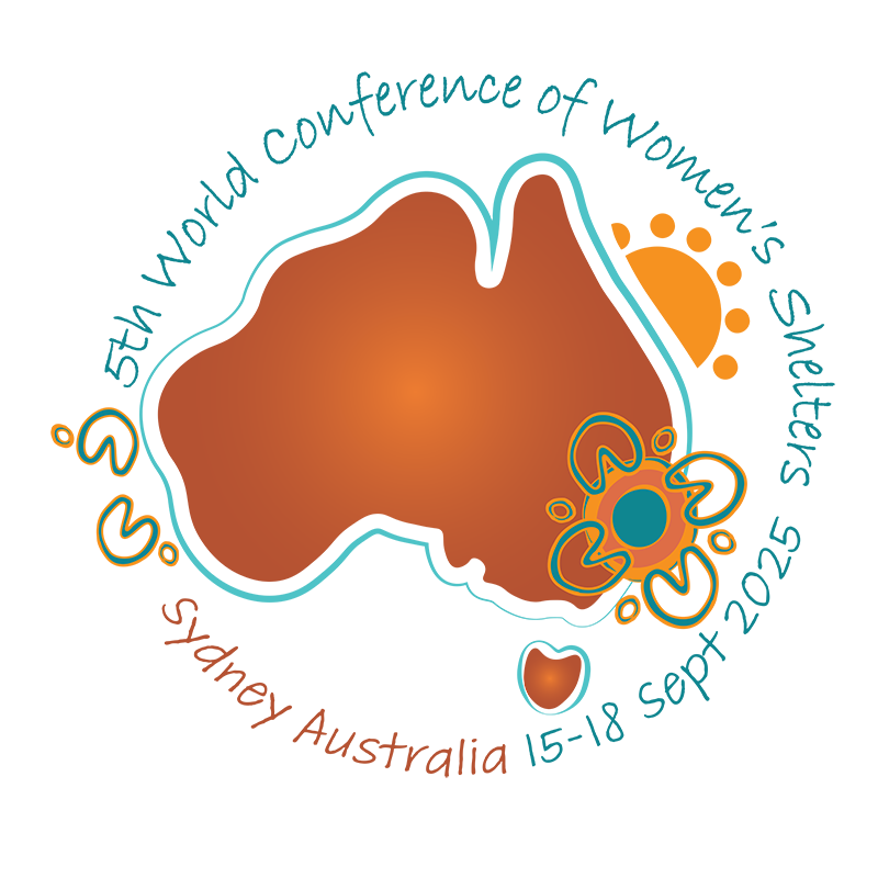 Logo of the 5th World Conference of women's shelters, sydney australia, 15-18 sept 2025, depicting an abstract representation of solidarity and support with a warm colour palette and dynamic design elements.