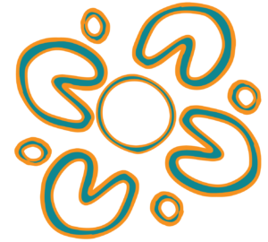 Abstract orange and blue swirl pattern surrounding a central circle denoting aboriginal symbolism of sitting down together in unity.